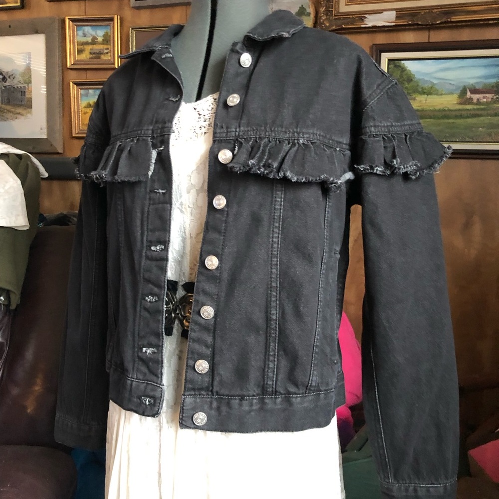 Hand Painted Ruffle Jean Jacket - Picture 3 of 10
